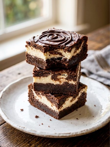 Three stacked keto cheesecake brownies with a visible creamy cheesecake swirl layer and chocolate drizzle on top, served on a white plate on a rustic wooden surface