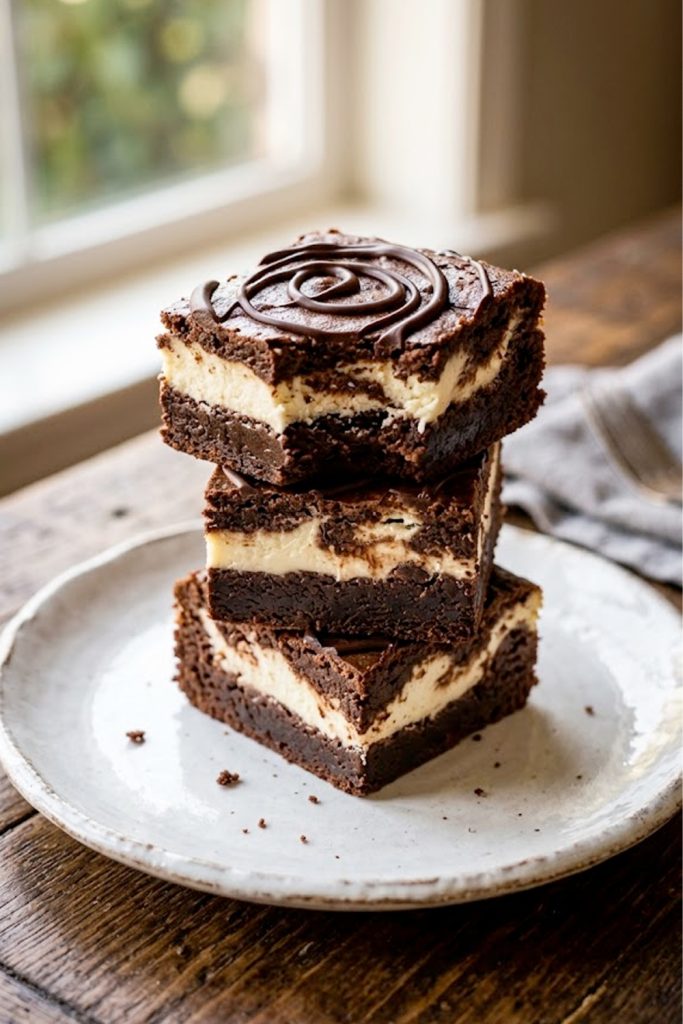 Three stacked keto cheesecake brownies with a visible creamy cheesecake swirl layer and chocolate drizzle on top, served on a white plate on a rustic wooden surface