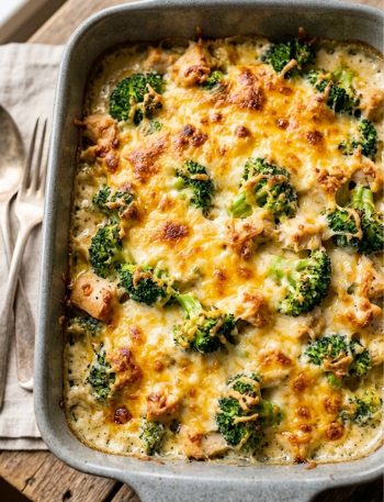 A grey ceramic baking dish of keto chicken broccoli casserole with a golden bubbling melted cheddar and mozzarella cheese crust, fresh broccoli florets visible beneath the cheese, on a rustic wooden surface
