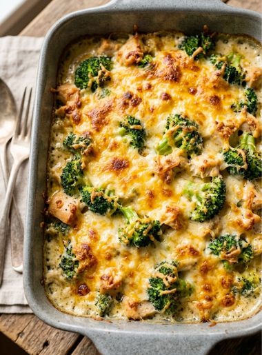 A grey ceramic baking dish of keto chicken broccoli casserole with a golden bubbling melted cheddar and mozzarella cheese crust, fresh broccoli florets visible beneath the cheese, on a rustic wooden surface