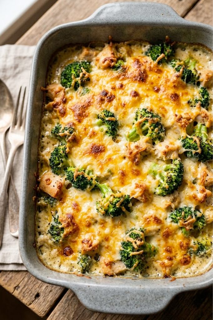 A grey ceramic baking dish of keto chicken broccoli casserole with a golden bubbling melted cheddar and mozzarella cheese crust, fresh broccoli florets visible beneath the cheese, on a rustic wooden surface