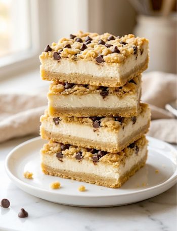 A stack of four keto cookie dough cheesecake bars on a white ceramic plate showing a golden almond flour cookie dough base, a thick creamy white cheesecake middle layer, and a crumbly cookie dough topping scattered with sugar-free mini chocolate chips on a marble surface