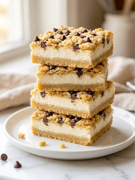 A stack of four keto cookie dough cheesecake bars on a white ceramic plate showing a golden almond flour cookie dough base, a thick creamy white cheesecake middle layer, and a crumbly cookie dough topping scattered with sugar-free mini chocolate chips on a marble surface