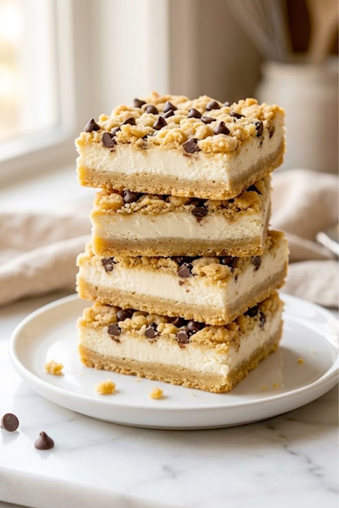 A stack of four keto cookie dough cheesecake bars on a white ceramic plate showing a golden almond flour cookie dough base, a thick creamy white cheesecake middle layer, and a crumbly cookie dough topping scattered with sugar-free mini chocolate chips on a marble surface