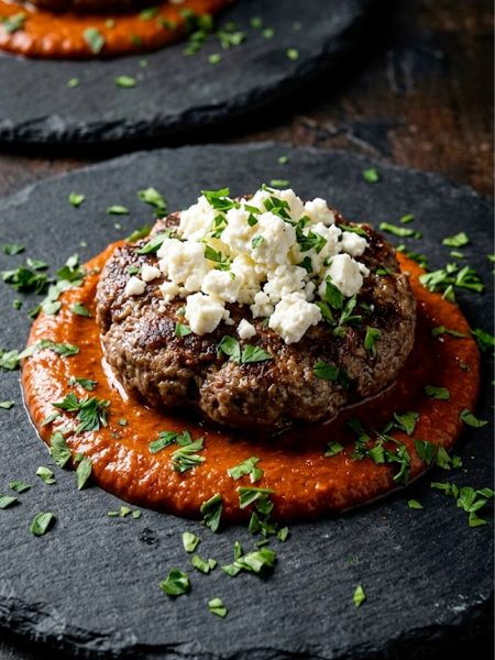 A juicy keto burger patty served over creamy tomato sauce and topped with crumbled feta cheese and fresh parsley on a dark plate