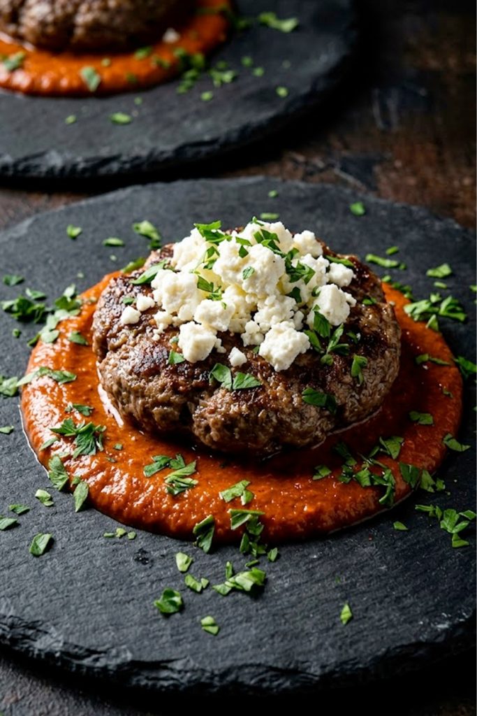 A juicy keto burger patty served over creamy tomato sauce and topped with crumbled feta cheese and fresh parsley on a dark plate