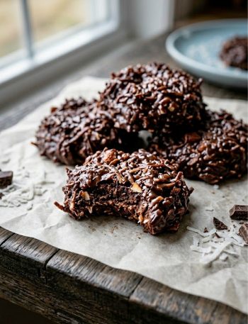A close-up of rich chocolate keto no-bake cookies made with unsweetened shredded coconut on parchment paper on a dark surface