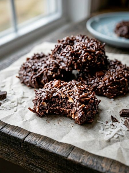 A close-up of rich chocolate keto no-bake cookies made with unsweetened shredded coconut on parchment paper on a dark surface