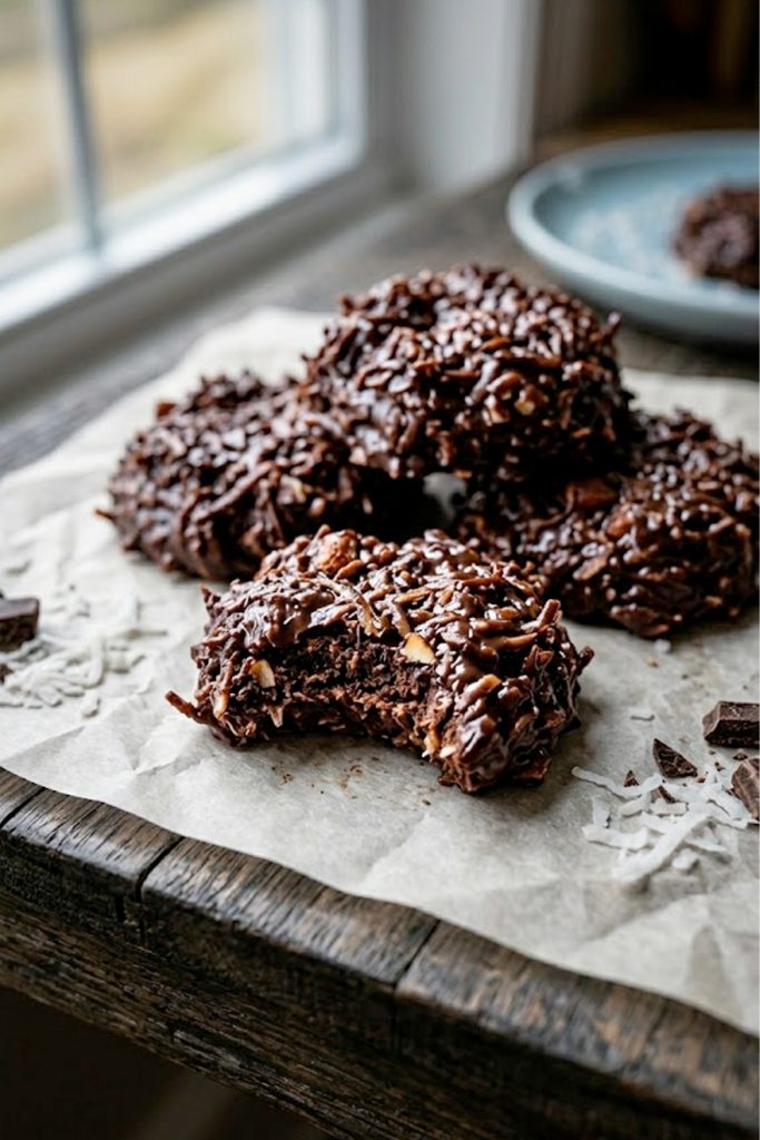 A close-up of rich chocolate keto no-bake cookies made with unsweetened shredded coconut on parchment paper on a dark surface