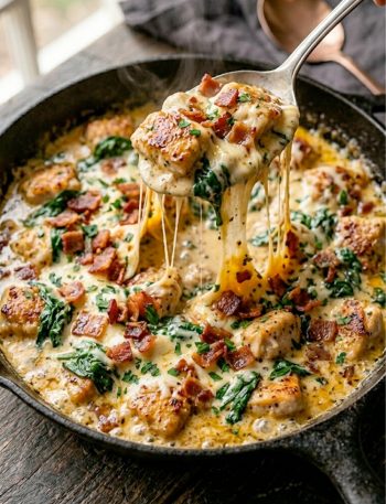 Golden chicken pieces and crispy bacon in a rich creamy garlic spinach sauce in a black cast iron skillet