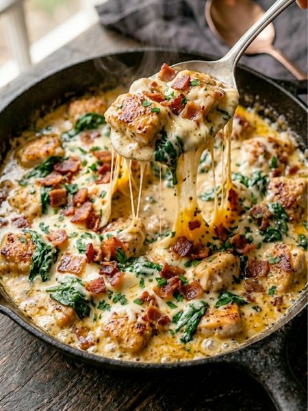 Golden chicken pieces and crispy bacon in a rich creamy garlic spinach sauce in a black cast iron skillet