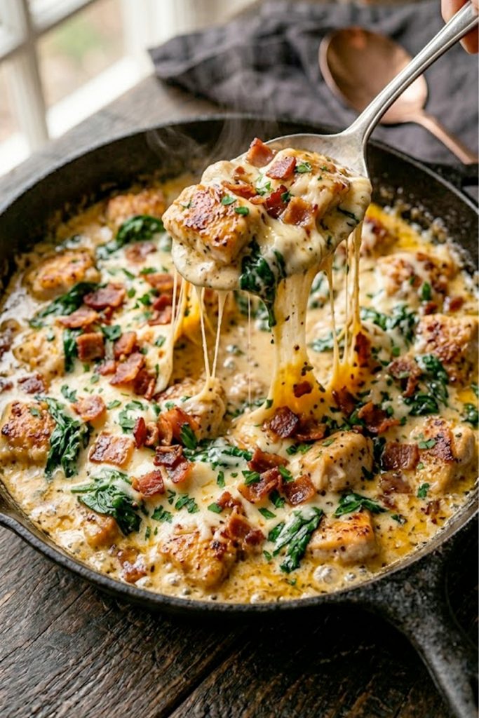 Golden chicken pieces and crispy bacon in a rich creamy garlic spinach sauce in a black cast iron skillet