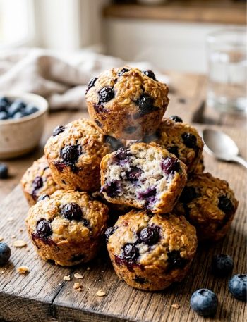 A stack of golden lemon blueberry protein bites with juicy blueberry pockets on a rustic wooden board