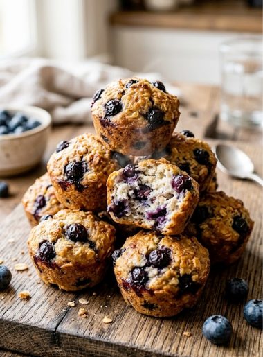 A stack of golden lemon blueberry protein bites with juicy blueberry pockets on a rustic wooden board
