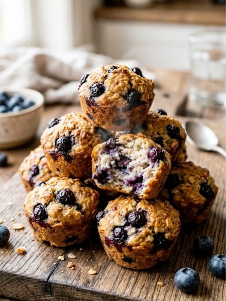 A stack of golden lemon blueberry protein bites with juicy blueberry pockets on a rustic wooden board