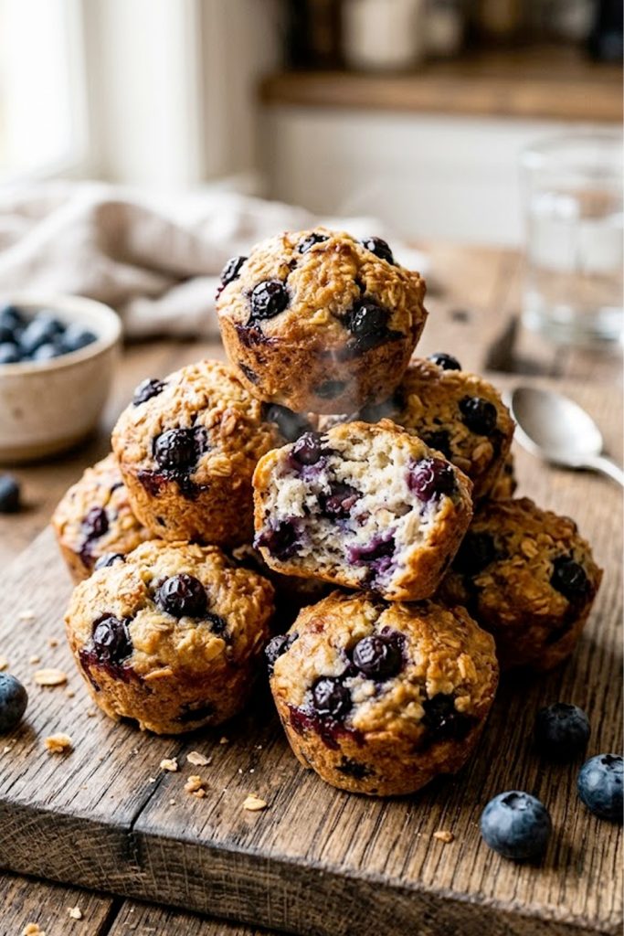 A stack of golden lemon blueberry protein bites with juicy blueberry pockets on a rustic wooden board