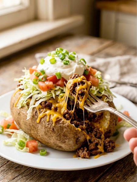 A large russet baked potato split open and loaded with seasoned taco meat, melted cheddar cheese, shredded lettuce, diced tomatoes, sour cream and sliced green onions on a white plate