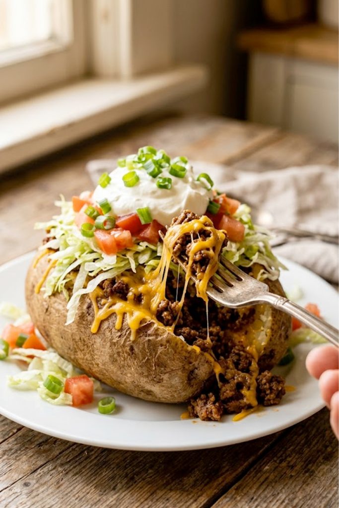 A large russet baked potato split open and loaded with seasoned taco meat, melted cheddar cheese, shredded lettuce, diced tomatoes, sour cream and sliced green onions on a white plate