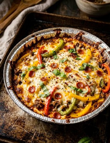 Low carb crustless pizza bowl in a foil container with golden melted mozzarella cheese seasoned ground beef and colorful bell peppers fresh out of the broiler