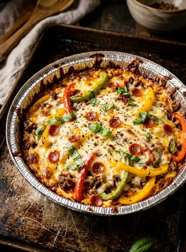 Low carb crustless pizza bowl in a foil container with golden melted mozzarella cheese seasoned ground beef and colorful bell peppers fresh out of the broiler