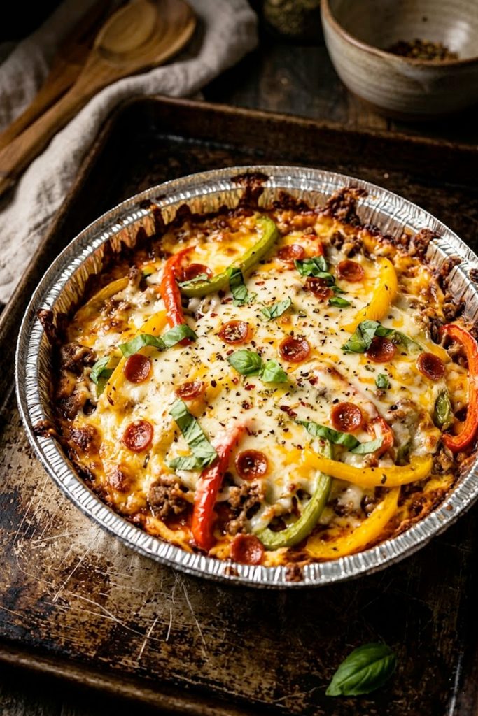 Low carb crustless pizza bowl in a foil container with golden melted mozzarella cheese seasoned ground beef and colorful bell peppers fresh out of the broiler