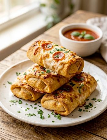 A stack of golden crispy low-carb pizza rolls topped with melted mozzarella cheese and pepperoni slices garnished with fresh chopped parsley on a white ceramic plate with a small bowl of marinara dipping sauce in the background