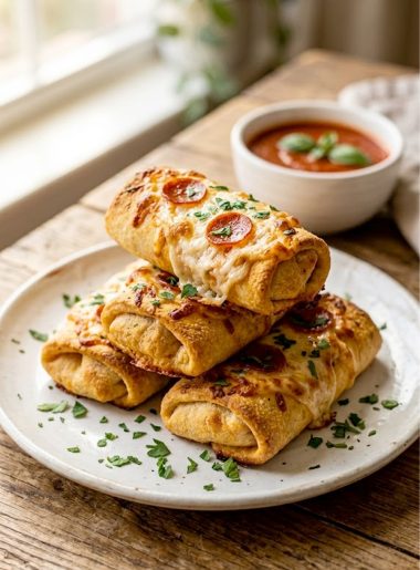 A stack of golden crispy low-carb pizza rolls topped with melted mozzarella cheese and pepperoni slices garnished with fresh chopped parsley on a white ceramic plate with a small bowl of marinara dipping sauce in the background