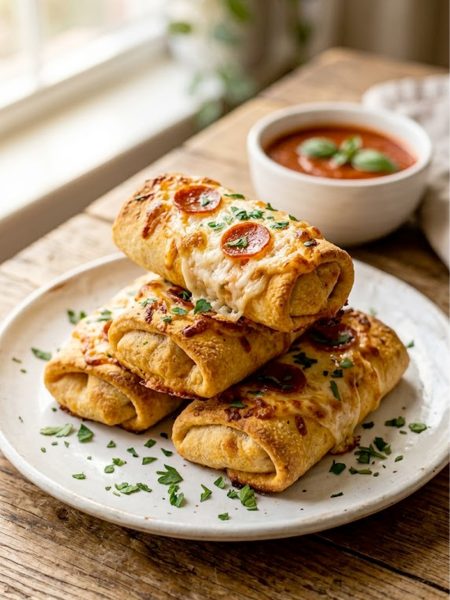 A stack of golden crispy low-carb pizza rolls topped with melted mozzarella cheese and pepperoni slices garnished with fresh chopped parsley on a white ceramic plate with a small bowl of marinara dipping sauce in the background
