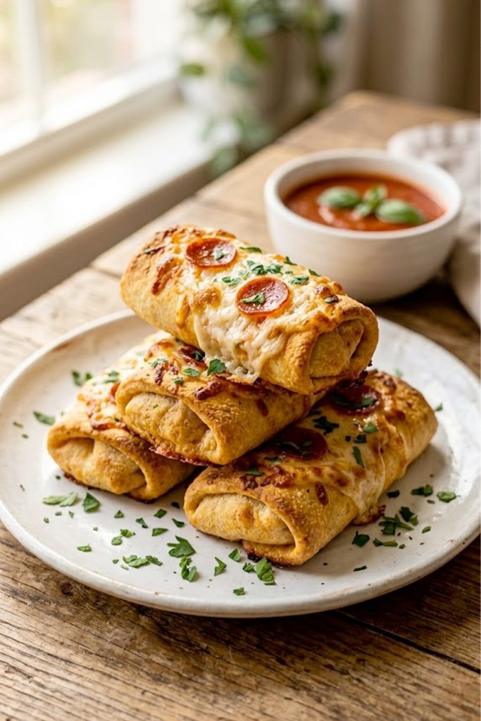 A stack of golden crispy low-carb pizza rolls topped with melted mozzarella cheese and pepperoni slices garnished with fresh chopped parsley on a white ceramic plate with a small bowl of marinara dipping sauce in the background