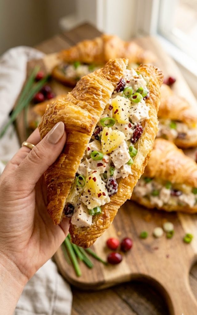 A hand holding a buttery flaky croissant sandwich generously filled with creamy Maui Mama chicken salad with visible pineapple pieces, dried cranberries, and red pepper flakes