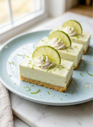 Several no-bake keto lime cheesecake bars with pale green creamy filling on an almond flour crust topped with whipped cream and fresh lime slices on a light blue plate