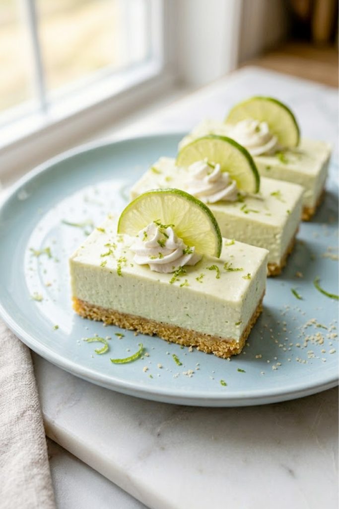 Several no-bake keto lime cheesecake bars with pale green creamy filling on an almond flour crust topped with whipped cream and fresh lime slices on a light blue plate