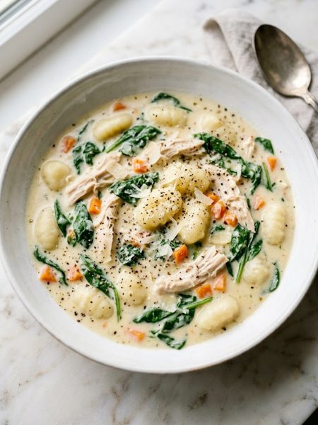 Creamy Olive Garden style chicken gnocchi soup with shredded chicken, pillowy gnocchi, fresh spinach and diced carrots in a white bowl on a marble surface