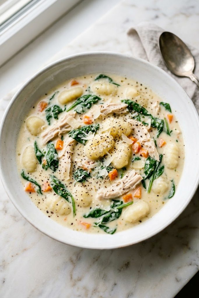Creamy Olive Garden style chicken gnocchi soup with shredded chicken, pillowy gnocchi, fresh spinach and diced carrots in a white bowl on a marble surface