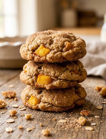 A close-up stack of three peach cobbler cookies showing a golden cinnamon sugar coating with visible chunks of juicy peach and a soft crinkled texture on a warm rustic surface