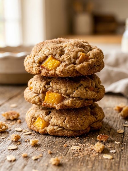 A close-up stack of three peach cobbler cookies showing a golden cinnamon sugar coating with visible chunks of juicy peach and a soft crinkled texture on a warm rustic surface