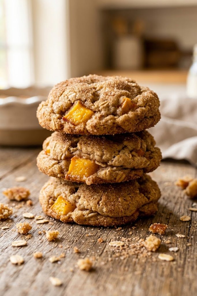 A close-up stack of three peach cobbler cookies showing a golden cinnamon sugar coating with visible chunks of juicy peach and a soft crinkled texture on a warm rustic surface
