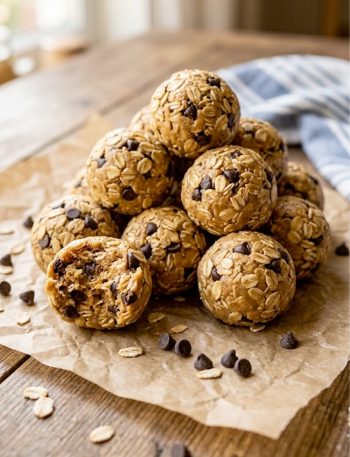 A pile of golden brown peanut butter energy balls made with rolled oats and mini chocolate chips heaped on brown parchment paper on a rustic wooden surface with a blue linen napkin in the background