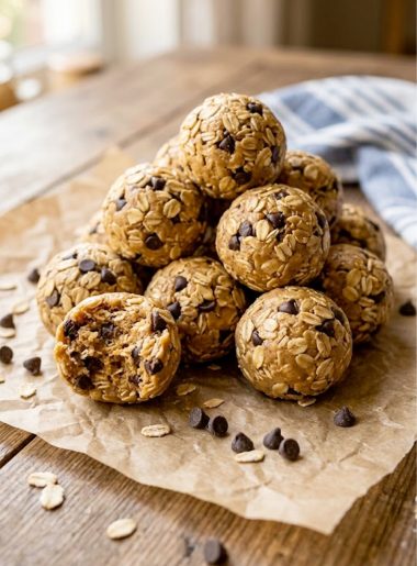 A pile of golden brown peanut butter energy balls made with rolled oats and mini chocolate chips heaped on brown parchment paper on a rustic wooden surface with a blue linen napkin in the background