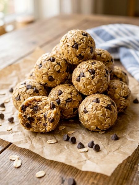 A pile of golden brown peanut butter energy balls made with rolled oats and mini chocolate chips heaped on brown parchment paper on a rustic wooden surface with a blue linen napkin in the background