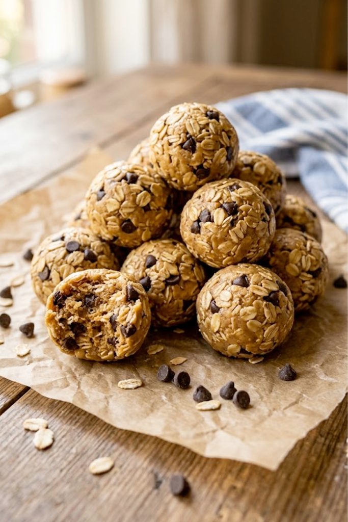 A pile of golden brown peanut butter energy balls made with rolled oats and mini chocolate chips heaped on brown parchment paper on a rustic wooden surface with a blue linen napkin in the background