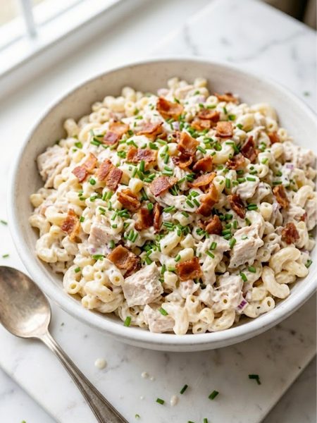 A large white bowl piled high with creamy chicken pasta salad topped with crispy bacon crumbles and fresh chopped chives on a marble surface