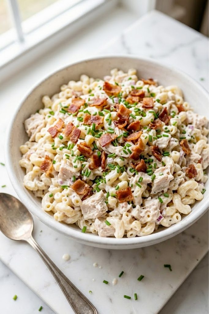 A large white bowl piled high with creamy chicken pasta salad topped with crispy bacon crumbles and fresh chopped chives on a marble surface