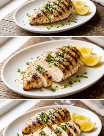Juicy grilled chicken breast sliced diagonally on a white plate garnished with fresh parsley and lemon wedges
