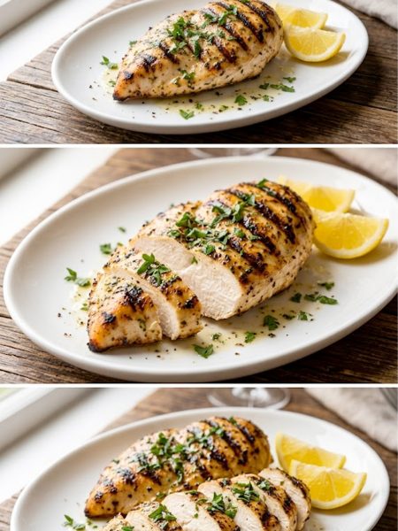 Juicy grilled chicken breast sliced diagonally on a white plate garnished with fresh parsley and lemon wedges