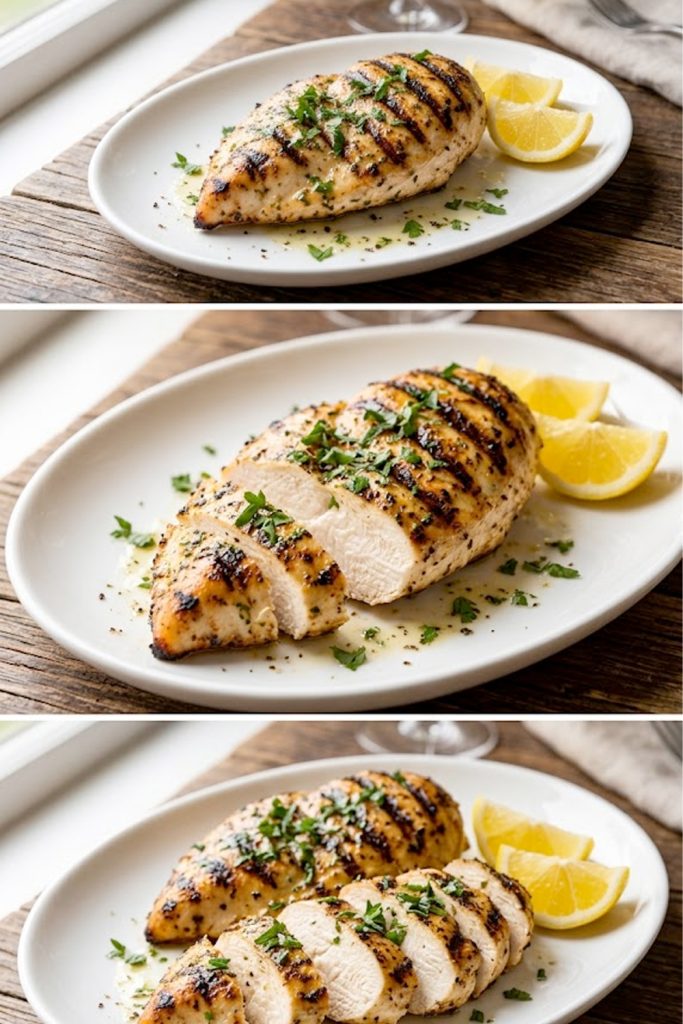 Juicy grilled chicken breast sliced diagonally on a white plate garnished with fresh parsley and lemon wedges