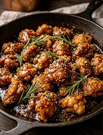 Overhead view of perfect honey chicken pieces in a dark skillet coated in deep caramelized sticky honey sauce garnished with fresh rosemary sprigs and sesame seeds
