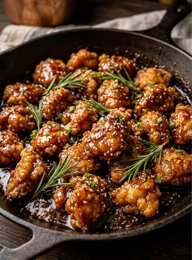 Overhead view of perfect honey chicken pieces in a dark skillet coated in deep caramelized sticky honey sauce garnished with fresh rosemary sprigs and sesame seeds