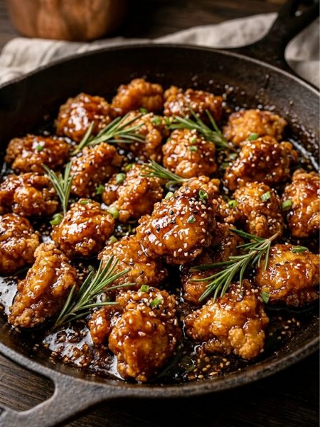 Overhead view of perfect honey chicken pieces in a dark skillet coated in deep caramelized sticky honey sauce garnished with fresh rosemary sprigs and sesame seeds