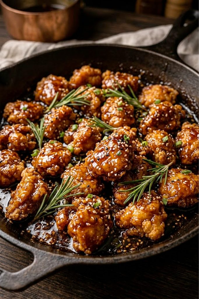 Overhead view of perfect honey chicken pieces in a dark skillet coated in deep caramelized sticky honey sauce garnished with fresh rosemary sprigs and sesame seeds
